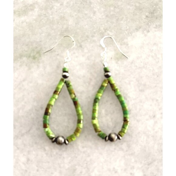 Handmade Navajo Earrings with Turquoise Heishi Beads & Silver Navajo Pendant - Picture 1 of 6